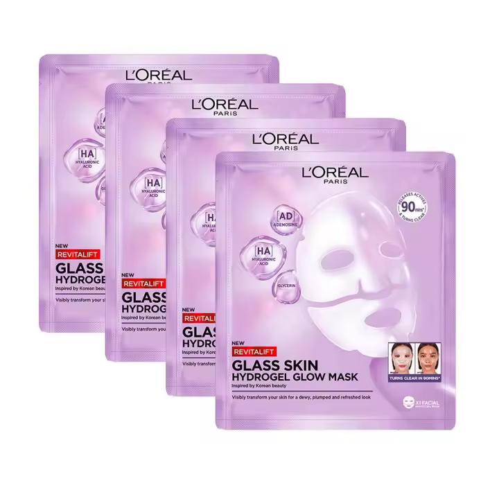 L'Oréal Paris | Pack de 4 Macarillas Revitalift Filler Glass Skin, con Ácido Hialurónico y Vitamina Cg, Efecto Glass Skin, Hidratación y Glow, Suaviza líneas - 1
