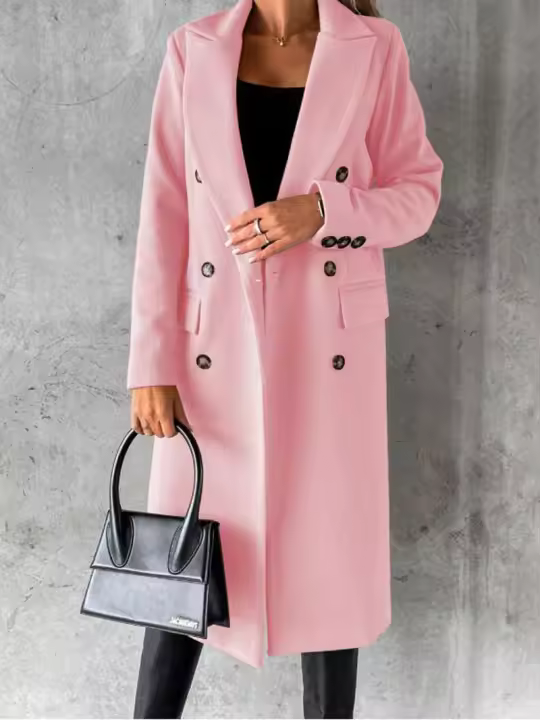 Nueva Chaqueta De Moda Para Mujer 2025 Otoño Invierno Cuello En V Largo Con Bolsillos Doble Botón Estilo Casual Largo (26+ Pulgadas) - 1