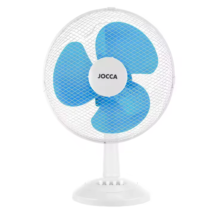 Ventilador Jocca de sobremesa de 12', con sistema de oscilación, cabezal reclinable, 3 velocidades, 30 cm de diámetro, 40W de potencia y disponible en blanco junto a dos colores azules y un elegante color negro - 1