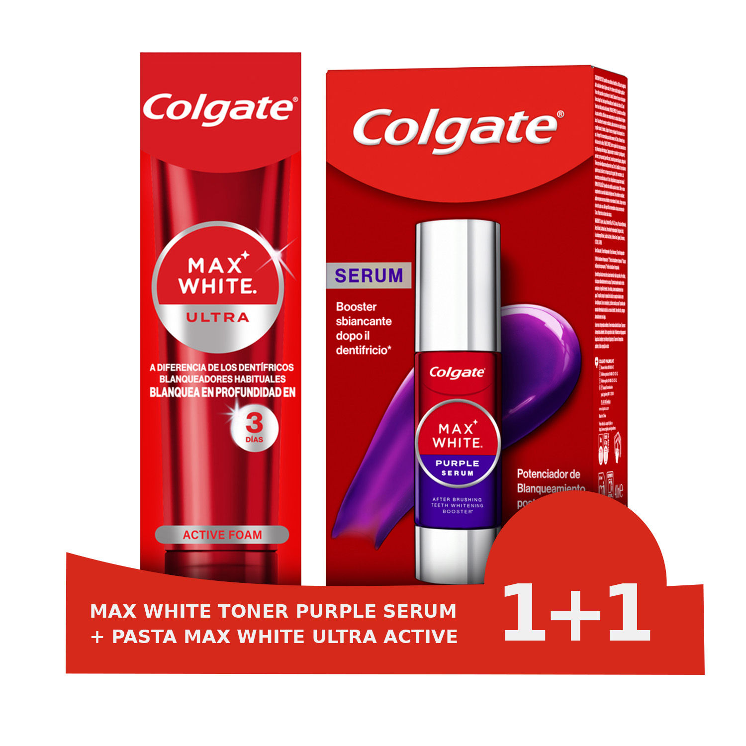 Pasta de dientes blanqueadora Colgate Max White Ultra Active Foam + Colgate Max White Sérum Blanqueador Morado