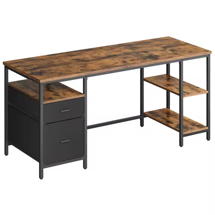 VASAGLE Escritorio, Mesa de Ordenador, Mesa de Oficina, con 3 Estantes, 2 Cajones, 60 x 160 x 76 cm, para Oficina, Salón, Estilo Moderno, Marrón Rústico y Negro Mate - 1
