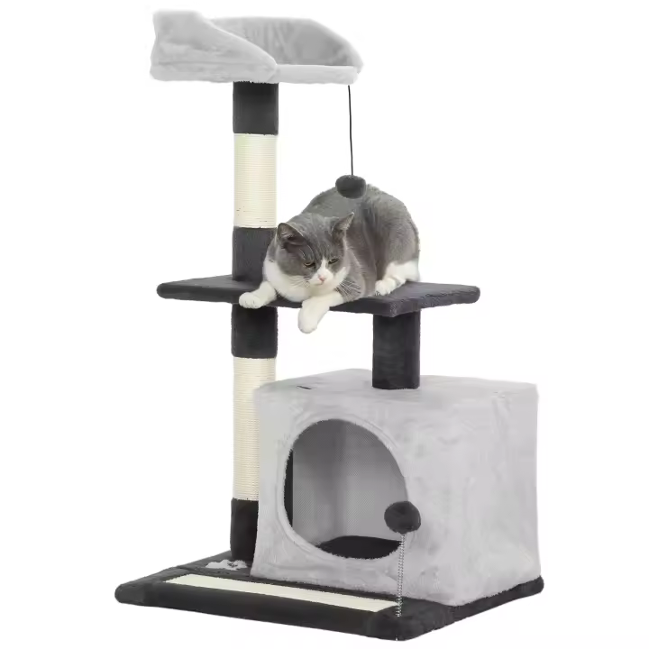PawHut Árbol Rascador para Gatos, Árbol para Gatos 85 cm, Torre Escalador con Plataformas, Cueva, Postes Rascadores, Tapete de Sisal, Bolas, Gris Claro y Negro - 1