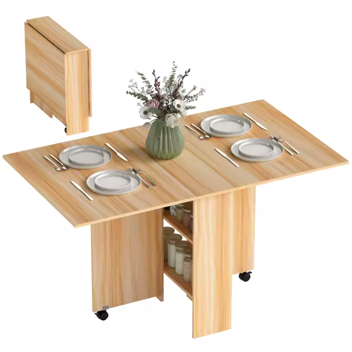 HOMCOM Mesa Plegable de Comedor Mesa de Cocina Plegable con Ruedas Alas Abatibles y Estantes para 4-6 Personas 80x140x74cm cm Teca - 1