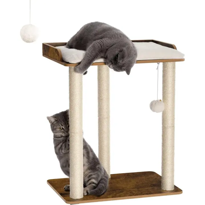 Gatos, Altura 68 cm, Torre de Gatos, con 3 Postes de Sisal de Gran Plataformas, Pompones, Marrón Rústico - 1