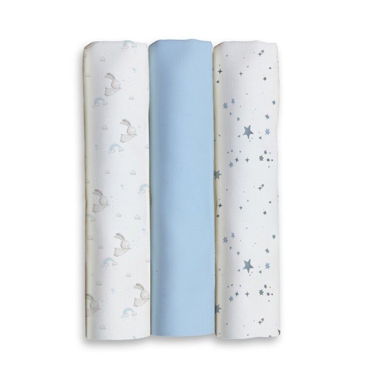 Pack 3 gasas / muselinas bebé Interbaby 80x80 – 100% algodón, suaves y transpirables, diseño azul con estrellas y conejitos