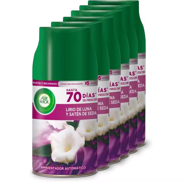 Air Wick Freshmatic - Recambio de Ambientador Spray Automatico para casa, aroma a Lirio de Luna y Satén de Seda, 250 ml - Paquete de 6 recambios - 1