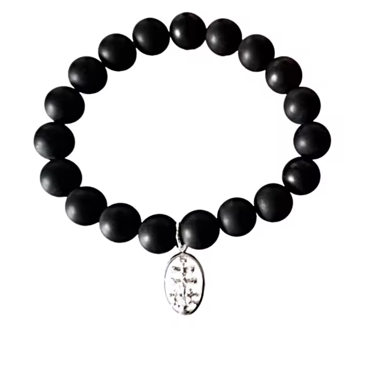 Pulsera de Plata de Ley 925 con Cruz de Caravaca y Ágata Negra Mate 10mm - Ajustable y Elástica - Bolsa de Tela de Regalo - 1