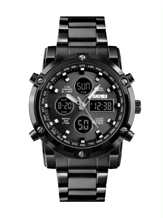 Reloj Digital Skmei 3 Tiempos Con Pantalla Retroiluminada Reloj De Pulsera De Cuarzo Para Hombre Correa De Acero Inoxidable Estilo Lujo Resistente Al Agua - 1