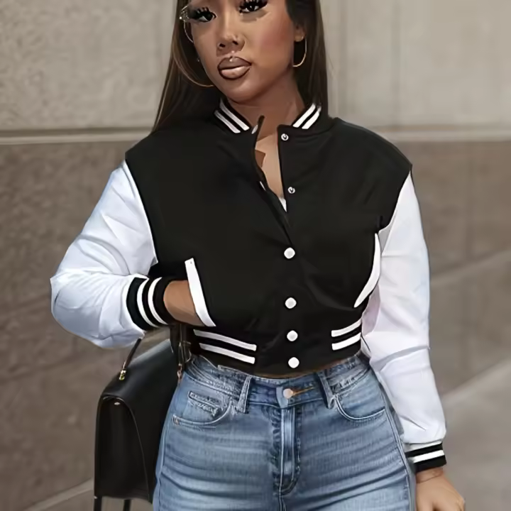 Chaqueta Casual Elegante Para Mujer En Blanco Cierre De Botones Aviador Corta Manga Larga Otoño Invierno Streetwear Outerwear - 1