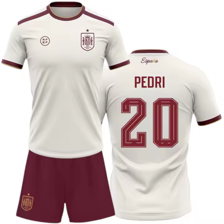 Kit España Mundial 2026-2028 | Réplica Camiseta y pantalón | Pedri 20 | Color Blanco y Granate | Conjunto fútbol para Adulto y niño - 1