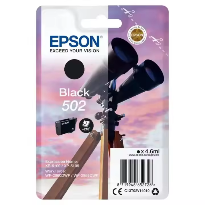 Epson - Cartucho de tinta negra 502 para impresoras WorkForce WF-2865DW, XP-5105 y Expression Home, pigmentada y económica con capacidad de 4,6 ml - 1