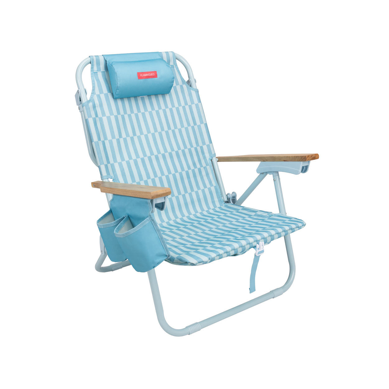 Flamingueo Silla Playa Almohada Ergonómica Confort Reclinable 5 Posiciones Bolsillo Insulado Frío Posavasos Doble Asas Mochila Fácil Transporte 59 x 62,5 x 77,5 cm