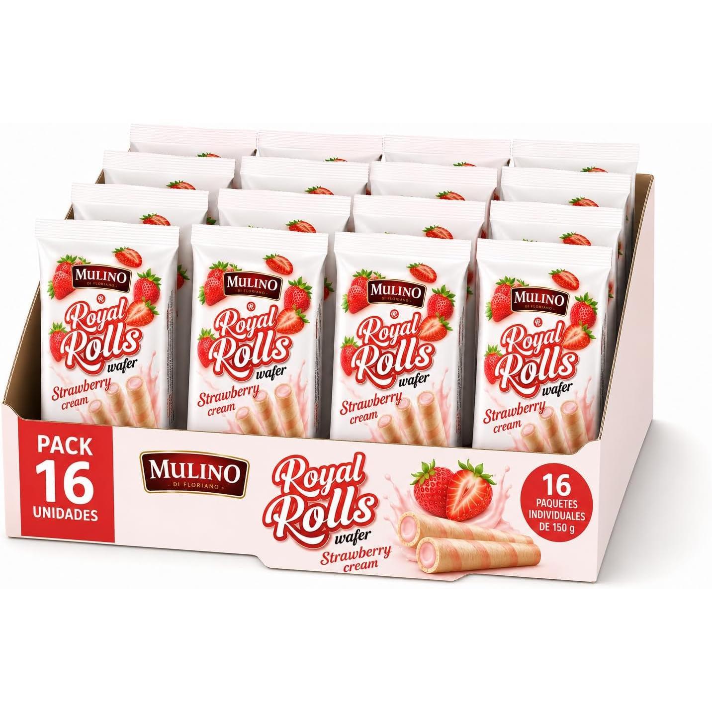 Mulino Royal Rolls Wafer de Fresa Pack 16 Unidades | Barquillos Crujientes Rellenos de Crema de Fresa | Galletas Snack para Café y Merienda