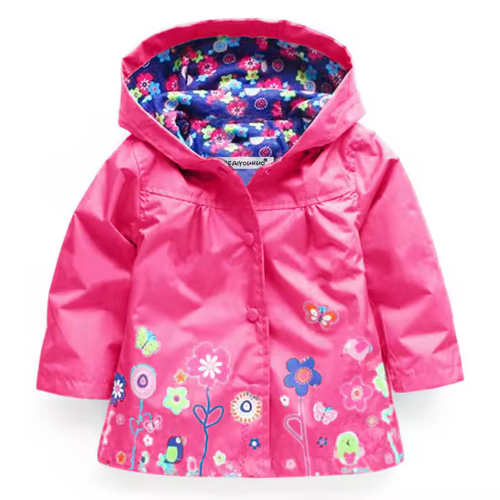 Chaqueta Infantil Impermeable Para Niñas Y Niños Con Capucha Estampado Floral Estilo Casual De Otoño Cierre Simple Manga Larga - 1