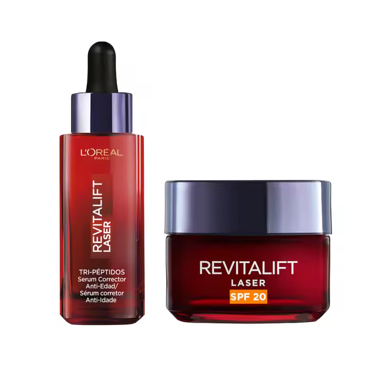 L'Oréal Paris | Sérum Corrector Anti-Edad Revitalift Laser TRI-PÉPTIDOS + ÁCIDO HIALURÓNICO + VITAMINA Cg 30ml + Crema de Día Anti-Edad SPF25 con Pro-Retinol, Ácido Hialurónico y Vitamina Cg, 50 ml - 1