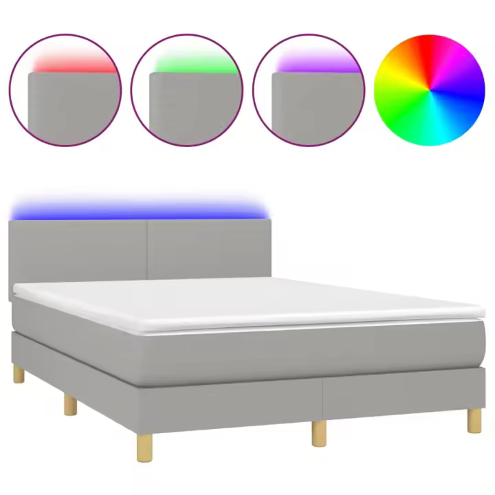 vidaXL Cama box spring colchón y luces LED tela gris claro 140x200 cm - 1