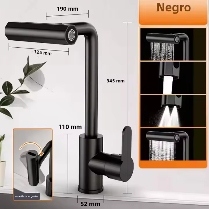 Grifo De Cocina De Acero Inoxidable Con Cabeza De Rociador De Cascada Rotación 360° Agua Caliente Y Fría Mezclador De Fregadero MOV - 1