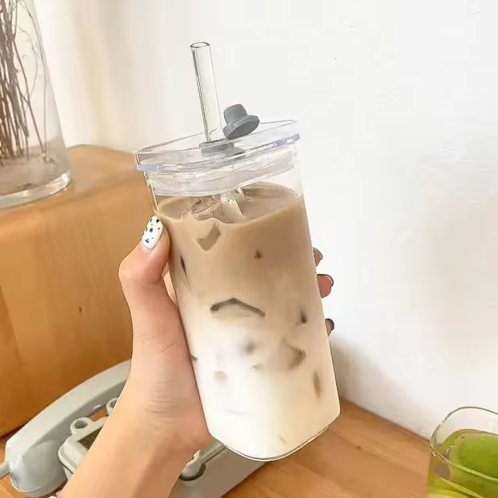 2PCS Vaso De Café Cuadrado Resistente Al Calor Con Tapa Y Pajita Para Leche Y Jugo Vidrio Transparente Para Hogar Y Barra De Bebidas Ecológicas - 1
