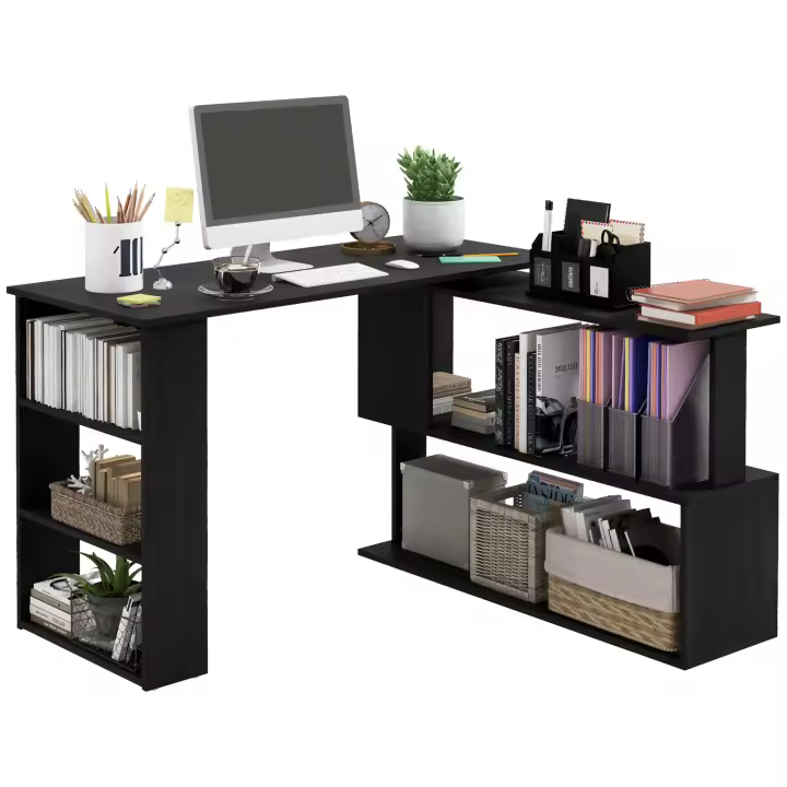 HOMCOM Escritorio Esquinero Giratorio, 120x110 cm, Escritorio en L, Mesa de Escritorio con Estantes, para Oficina en Casa, Estudio, Hogar, Negro - 1