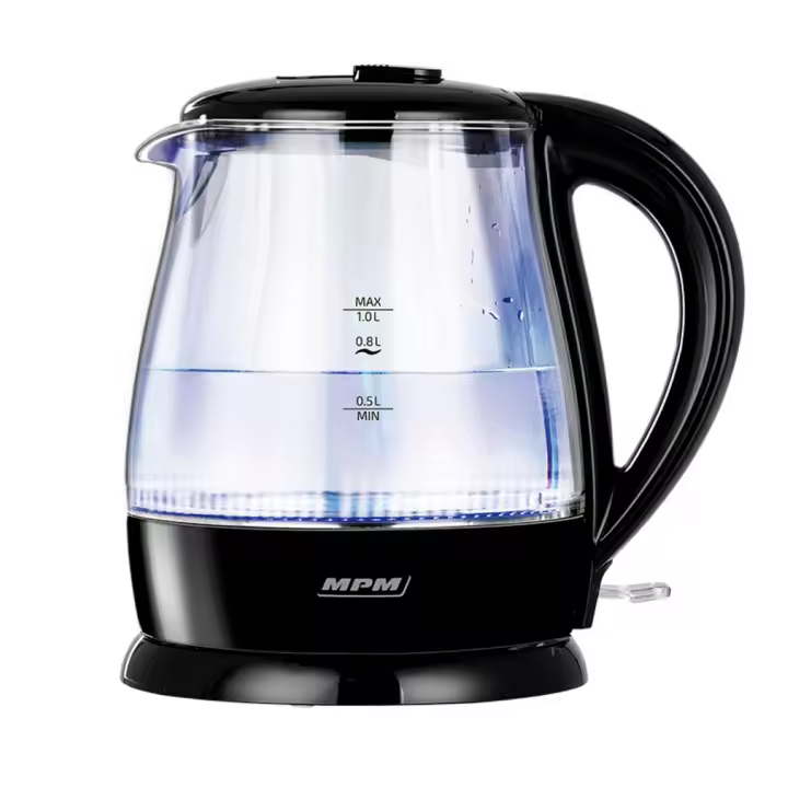 MPM MCZ-99 Hervidor Agua Eléctrico, 1L, Jarra Cristal, sin BPA, Resistencia Oculta, Inalámbrico, Iluminado, Transparente, 1600W - 1