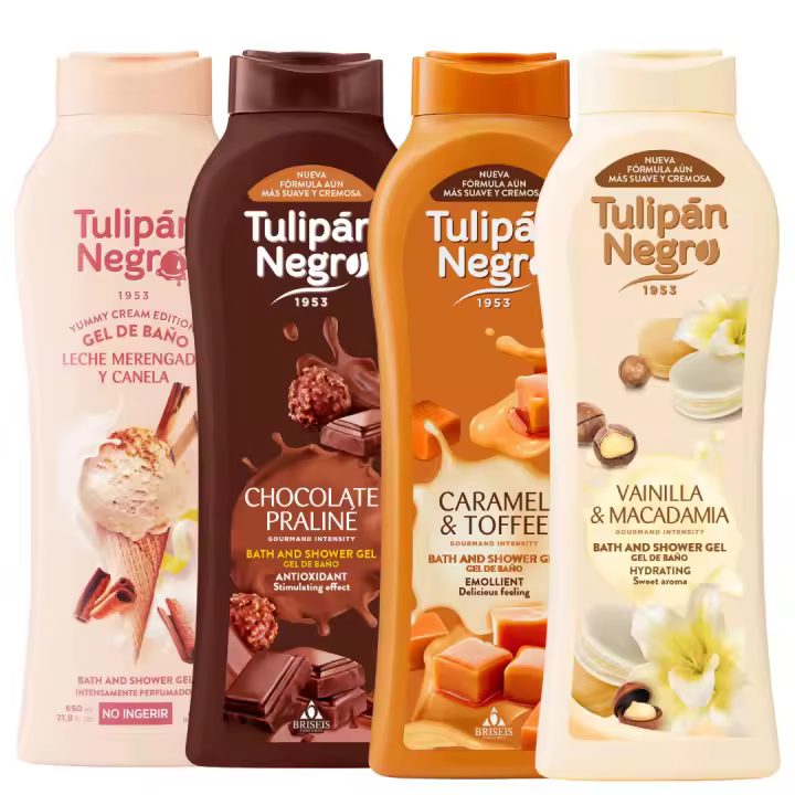 Pack 4 geles de baño tulipán negro 650 ml aromas irresistibles: leche merengue y canela, chocolate, caramelo y toffe, y vainilla y macadamia. Hidratación, suavidad y deliciosas fragancias para tu cuidado diario. - 1