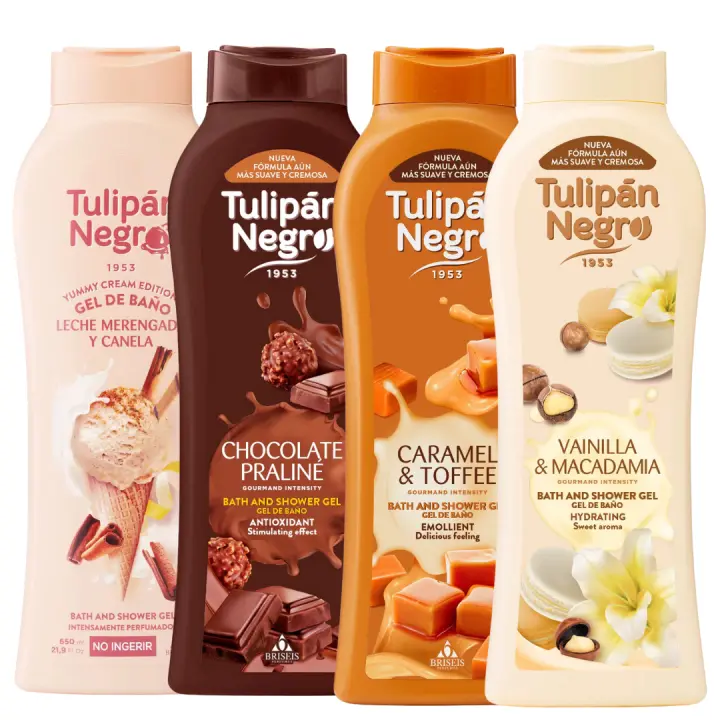 Pack 4 geles de baño tulipán negro 650 ml aromas irresistibles: leche merengue y canela, chocolate, caramelo y toffe, y vainilla y macadamia. Hidratación, suavidad y deliciosas fragancias para tu cuidado diario. - 1