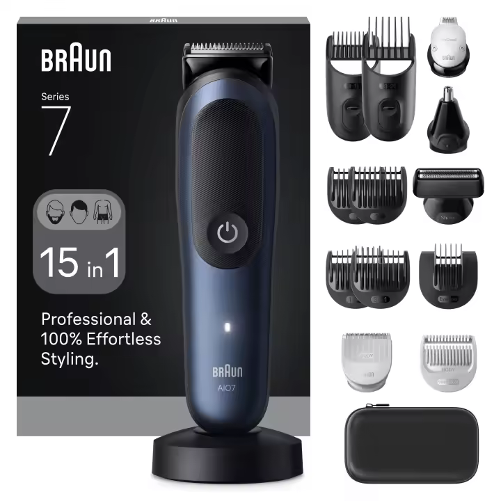 Braun Recortadora Todo en Uno Series 7 para Afeitado Masculino, Recorte Barba, Depilación Masculina, Corte de Pelo, Nariz y Orejas Láminas Ultraafilada, Resistente Al Agua y Recargable- Modelos AIO7540 y AIO7580, Producto Europeo con Garantía Oficial. - 1