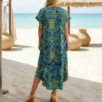 Vestido De Verano Para Mujer plus Talla Con Estampado Floral Cuello Redondo Manga Corta Casual De Vacaciones Largo Con Bolsillos A-Line Midi - details 1