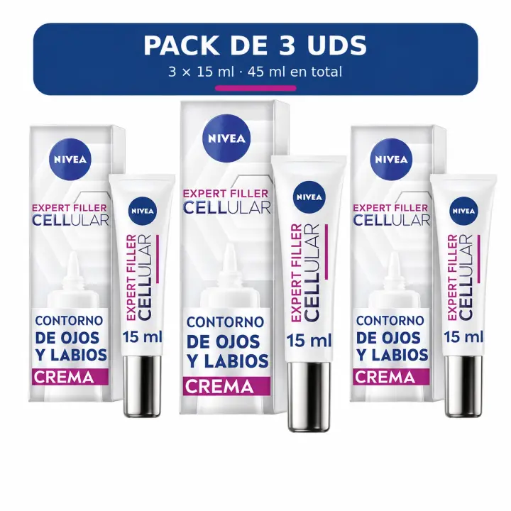 NIVEA Cellular Expert Filler Contorno de Ojos y Labios Antiarrugas 24h con Ácido Hialurónico y Ácido Fólico – Pack 3 x 15 ml - 1