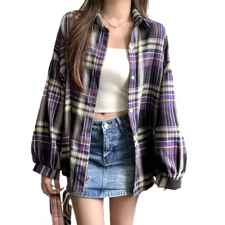 Camisa Plaid Morada Para Mujer Manga Larga Abrigo Casual Suéter De Verano Con Botones Abiertos Estilo Joven Talla Grande - 1