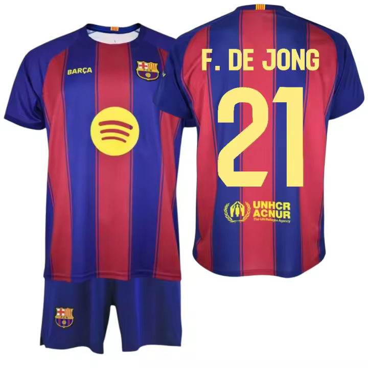 F.C Barcelona - Conjunto Camiseta y Pantalón Niño - Jugador F. DE JONG Nº21 - Diseño Blaugrana Clásico - Escudo Bordado - Tejido Transpirable - Ideal para regalo - 1