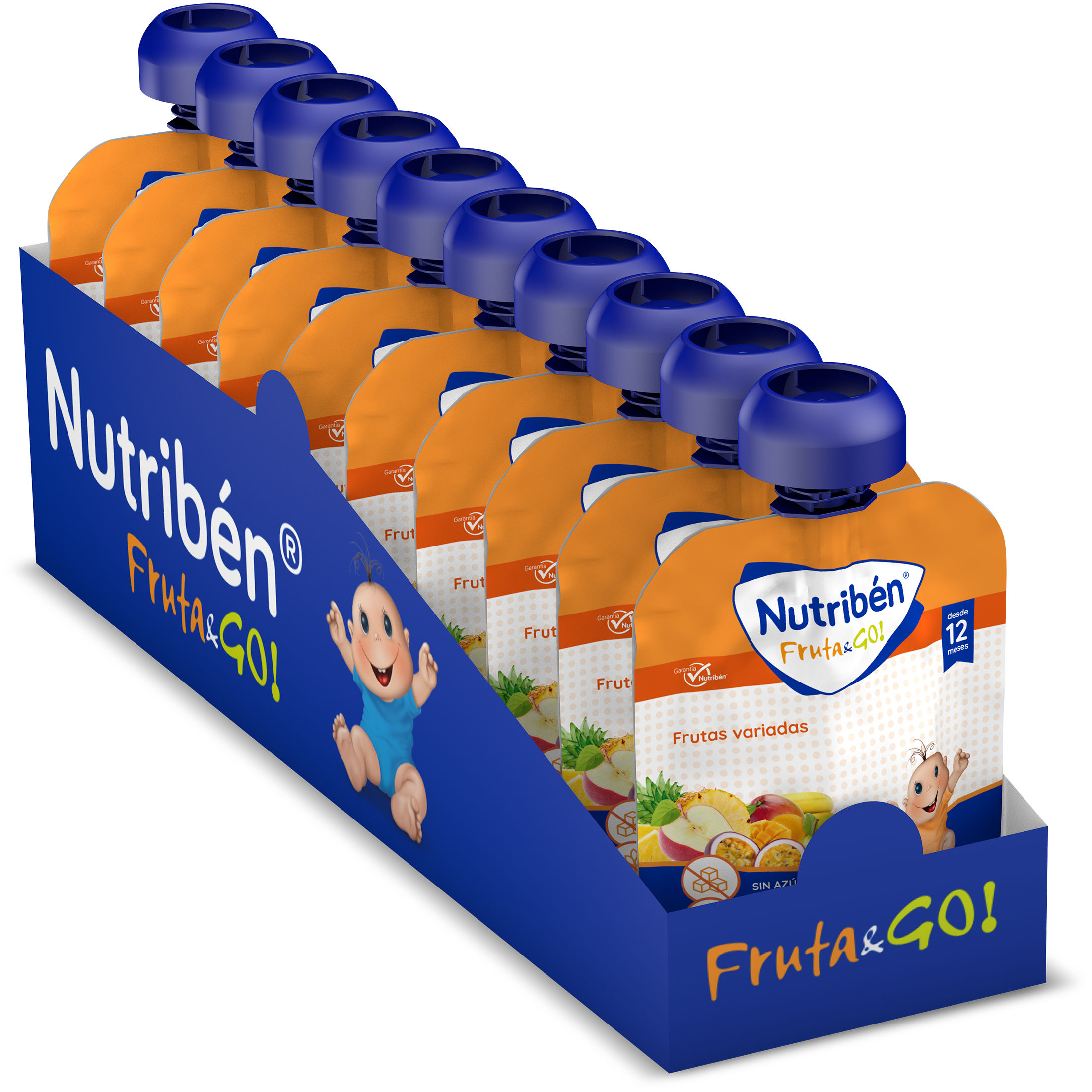 Nutribén Fruta & GO! - Bolsita de Puré de Fruta 100% Natural para Tomar en Cualquier Momento y Lugar Desde los 12 Meses - Pouch de Frutas Variadas - Sin Gluten - Sin Leche - Sin Azúcar Añadido - Sin Aceite de Palma - Pack de 10 x 90gr