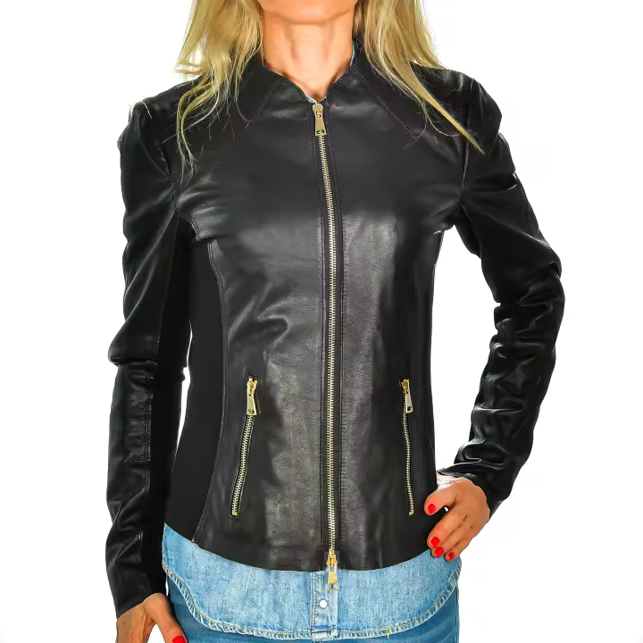 Firenze Artegiani. Chaqueta entallada de mujer de piel auténtica Negro. - 1