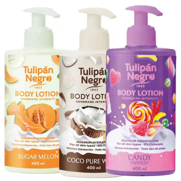 Pack 3 lociones corporales tulipán negro 400 ml aromas irresistibles: melón, caramelo y coco. hidratación profunda, suavidad y fragancias dulces y frescas para tu cuidado diario tulipán negro, marca viral y producto ideal para toda la vida - 1