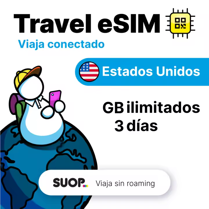 SUOP Travel eSIM para EEUU con datos ilimitados. Tarjeta prepago. Viaja sin roaming. Internet móvil de alta velocidad - 1