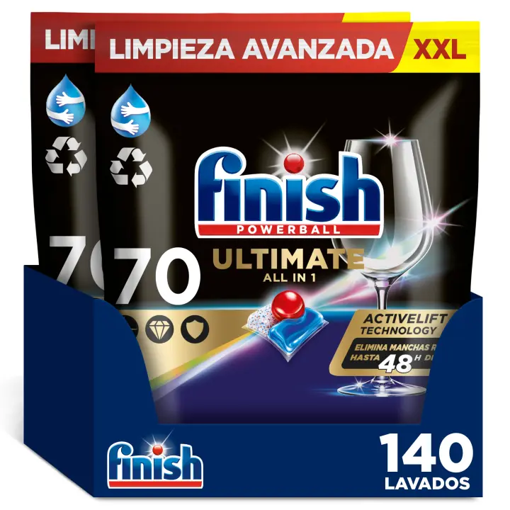 Finish Powerball Ultimate All in 1 pastillas, 140 Cápsulas Lavavajillas, Aroma Regular, Formato 2 Paquetes de 70 Pastillas - 1