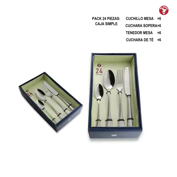 Mr.Spoon Serie Raya Juego de 24 o 48 piezas cubiertos,Acero Inoxidable 18/0,Económico y funcional,Incluye cuchillo de carne o mesa,tenedor,cuchara,cucharilla,Mango monobloque,Apto para lavavajillas,Empaque ecológico,Ideal para casa,hotel,restaurante - 1