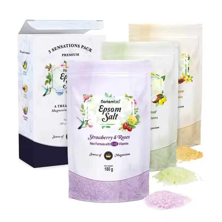 NORTEMBIO Sales de Epsom 100% Fragancia Limón y Coco + Vainilla y Canela + Fresa y Rosas 3 x 180g | Fuente concentrada de magnesio | Hidratada con Vitamina C y E | E-Book Incluido - 1