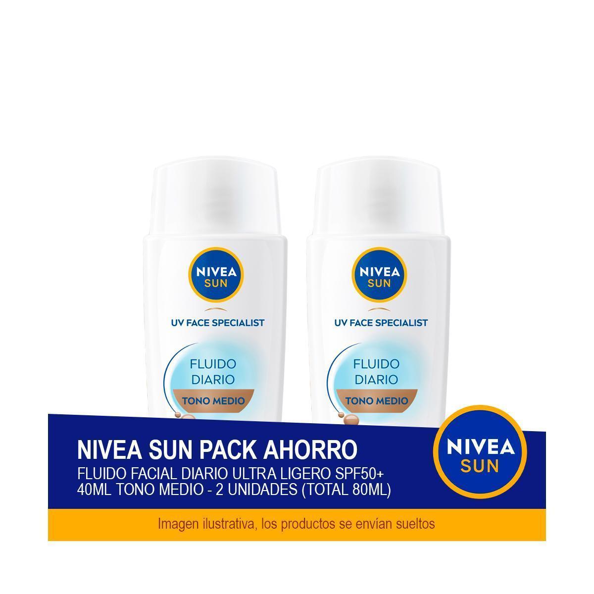 NIVEA SUN Pack ahorro FluidoFacial Diario Ultra Ligero SPF50+ 40ml Tono Medio