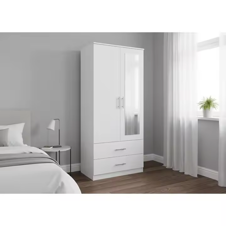 Armario de Dormitorio 2 Puertas 2 Cajones W, con Espejo, Blanco - 1
