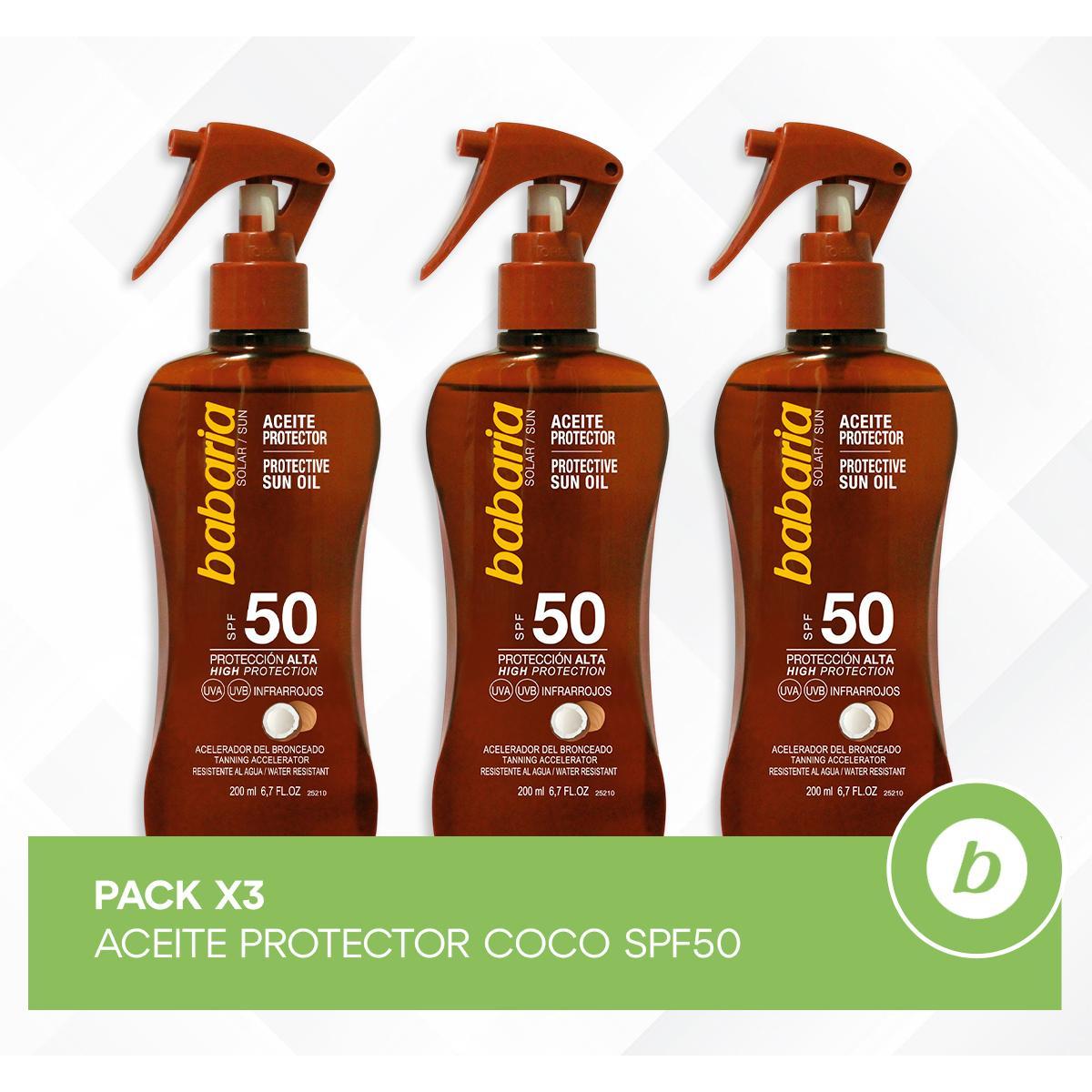 Babaria Pack 3x Aceite Protector Coco SPF50: Protección Solar, Potenciador del Bronceado y Absorción Inmediatapara una Piel Radiante 200ml