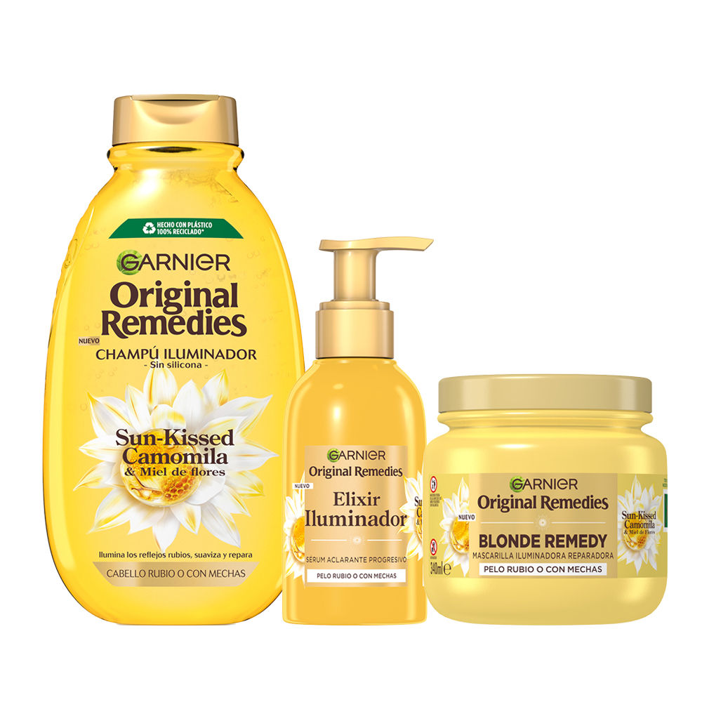 Garnier | Original Remedies Sun-Kissed Camomila Blonde Remedy, Máscarilla, Champú, sérum o acondicionador. Rutina Reparadora Iluminadora, para pelo rubio o con mechas