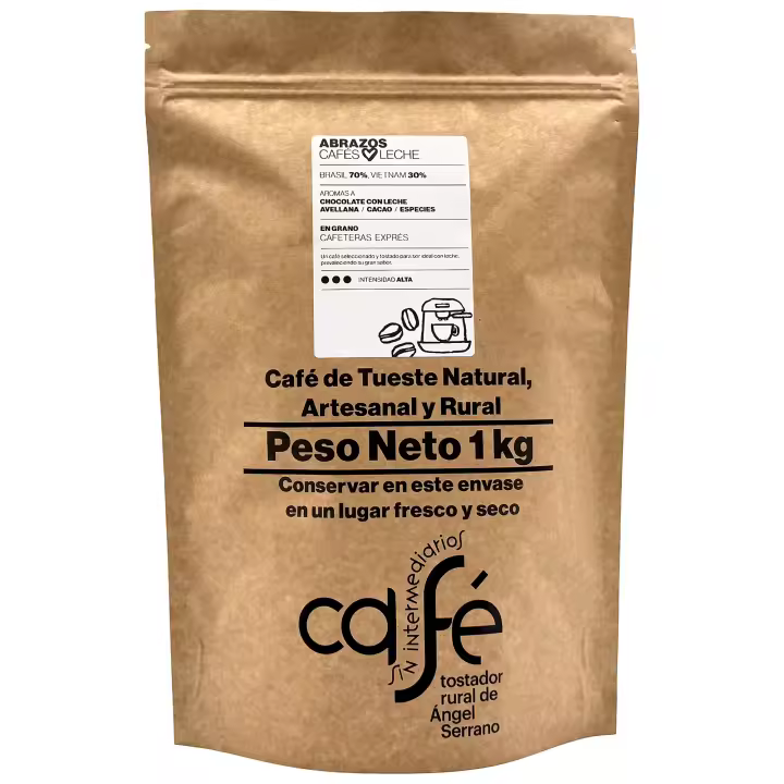 CAFÉ SIN INTERMEDIARIOS - Café de Brasil y Vietnam - Abrazos - Ideal para combinar con leche - Intensidad de sabor Alta - Recién tostado y envasado - 1 Kg Grano o Molido (Exprés, Filtro, Italiana, Americana, Superautomática) - 1