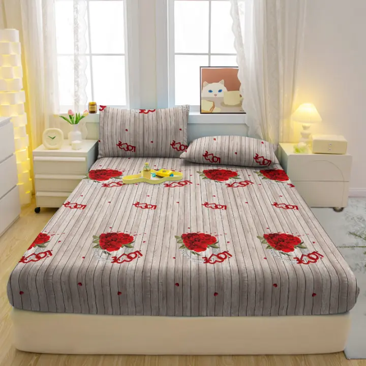 Sábana Ajustable De Corazón Estampado Y Mate Simple Moderna Para Cama 100% Poliéster 200 TC Tatting Sin Almohadillas En La Cama - 1