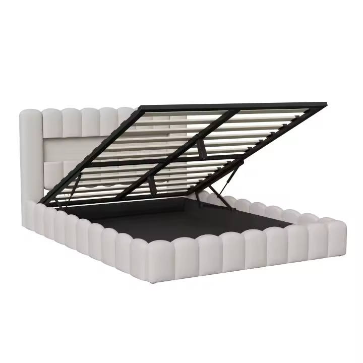 Cama tapizada 140x200 cm con LED en cabecero, cama capitoné beige con arcón de almacenaje y estructura de lino, sin colchón - 1
