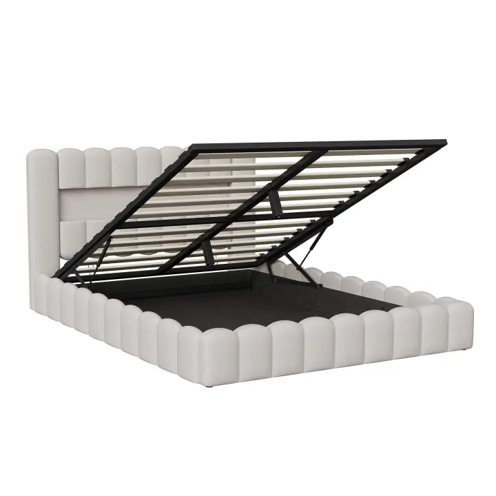 Cama tapizada 140x200 cm con LED en cabecero, cama capitoné beige con arcón de almacenaje y estructura de lino, sin colchón - 1