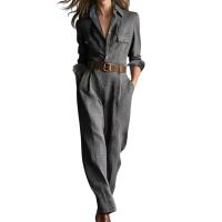 Traje De Mujer Beige Con Cuadros Estilo Camisa Con Cinturón Pantalones Anchos Casual Para Oficina Moda 2026 Traje De Vestido - details 1