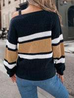 Suéter De Manga Larga Casual De Otoño E Invierno Para Mujer Con Rayas Y Color Contraste Hombros Descubiertos Cierre De Metal Ajustable - details 11