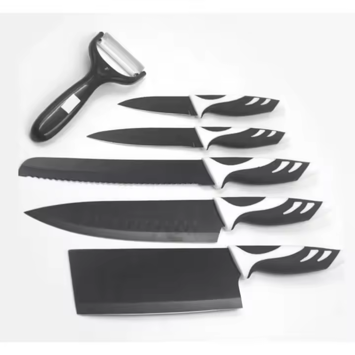 Set de 5 Cuchillos de Cocina con Pelador Cerámico LoLek - Acero Inoxidable, Diseño Negro Elegante, Mangos Ergonómicos. - 1