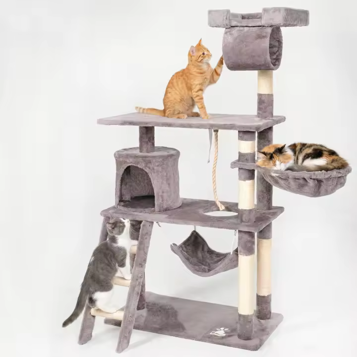 Árbol Rascador para Gatos Casa Basics PILLI, 141 cm con Plataformas, Escalera, Caseta y Juguetes - Beige/Negro/Gris/Burdeos - 1